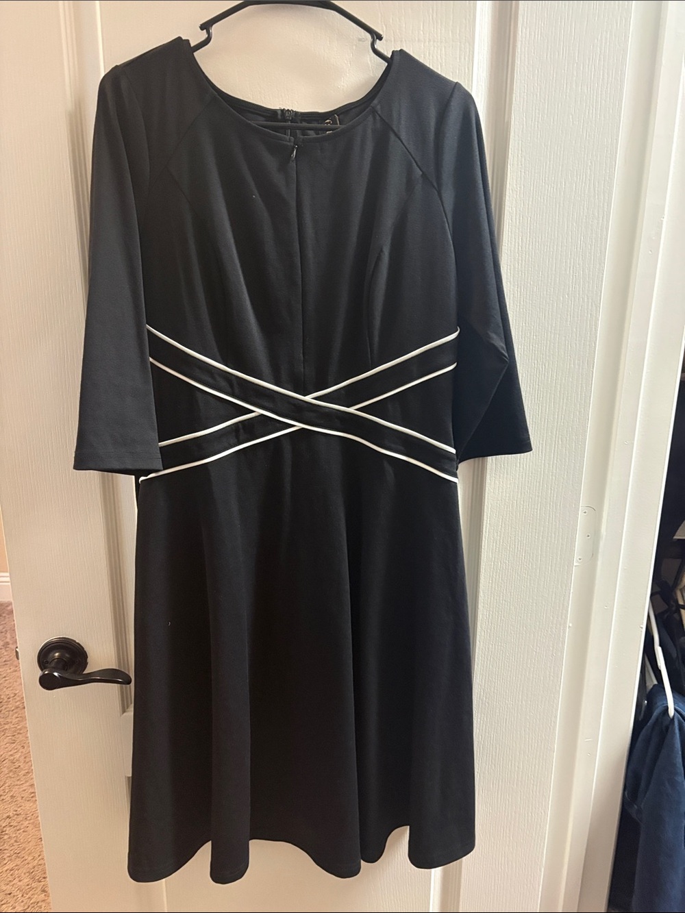 Black Long-Sleeve A-Line Dress with White Waist Trim